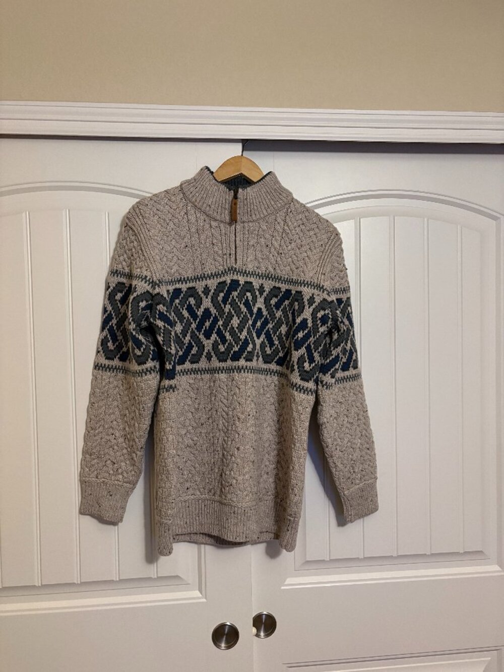 Aran Crafts Celtic Jacquard Half Zip Sweater Oatmeal Medium 100% Merino Wool